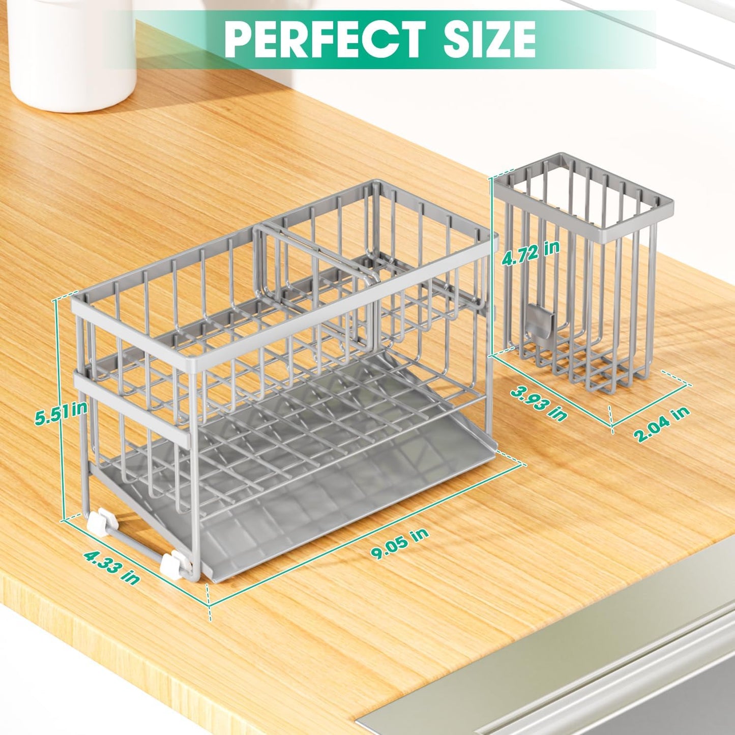 Sponge Holder for Kitchen Sink, 2 Tier Sink Caddy Organizer with High Brush Holder, Self-Draining Sponge Holder for Sinks, Soap Dispenser Organizer, Rustproof 304 Stainless Steel, Silver