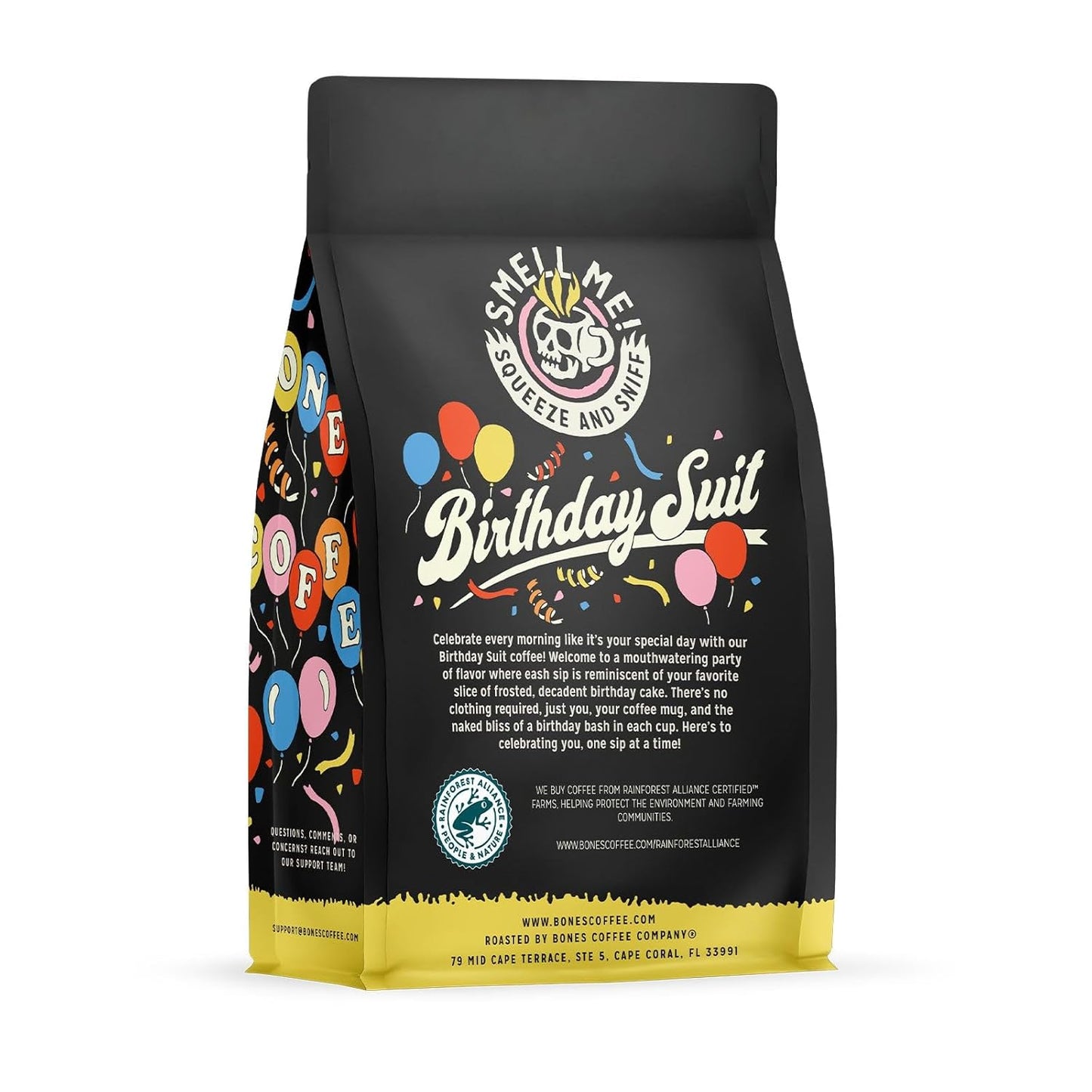 Bones Coffee Company Birthday Suit, Birthday Cake Flavored Coffee, Medium Roast Low Acid Arabica Beans Compatible with Auto drip and French Press Coffee Maker, 12 Oz Whole Bean