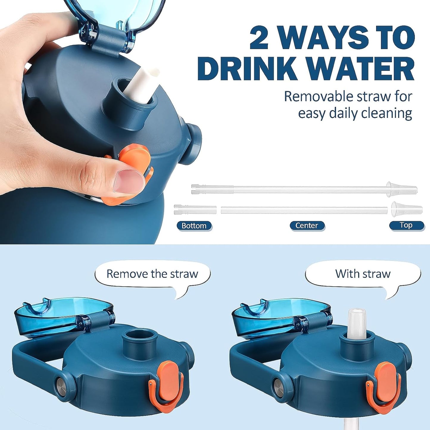 kytffu 56oz Glass Water Bottles with Straw, Motivational Glass Bottle with Silicone Sleeve and Time Marker, Leakproof Large Glass Water Jug for Gym Home Office,Blue