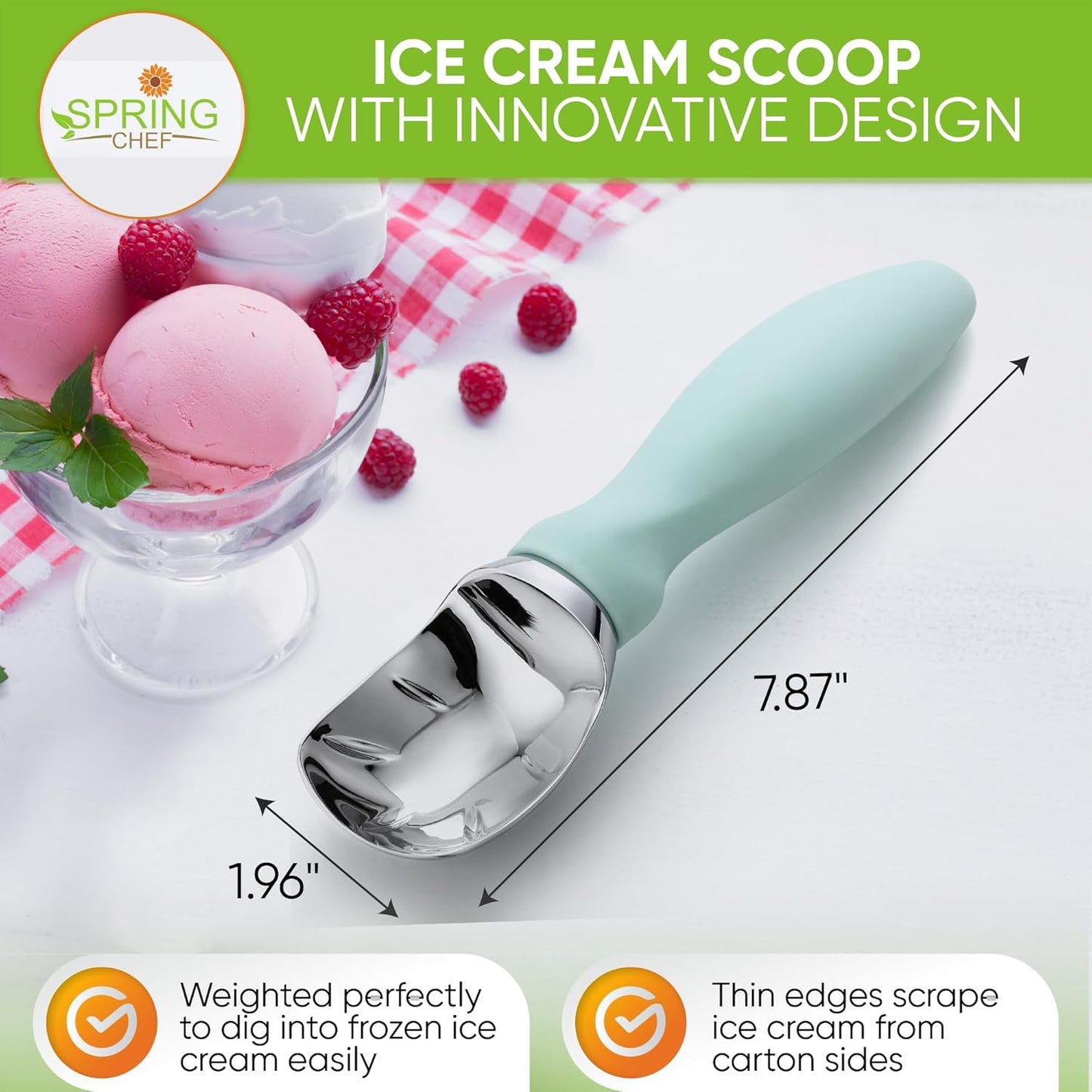 Spring Chef Heavy Duty Metal Ice Cream Scoop - Dishwasher Safe Ice Cream Scooper - Commercial Icecream Scoop Spade - Professional Kitchen Gadgets for Gelato, Melon, Sundae - Cookie Spoon - Mint