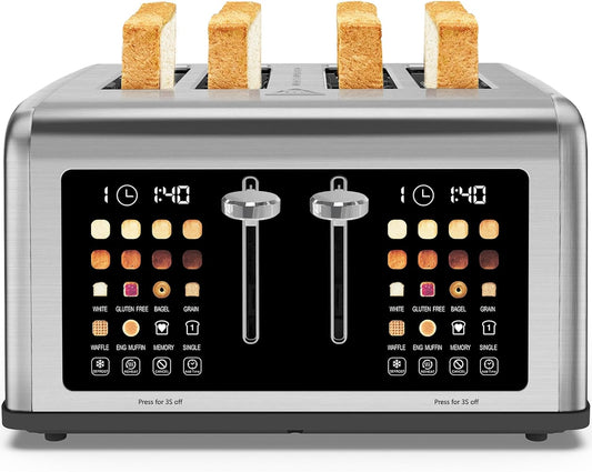 4 Slice Toaster Touch Screen, Stainless Steel Toasters Digital Timer, Dual Control Panel Toasters, 8 Shade Settings 6 Bread Types for Bagel, Cancel, Defrost 1650W