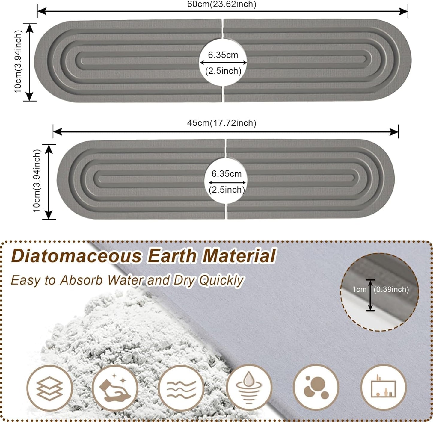 Faucet Mat for Kitchen Sink, Diatomite Super Absorbent Fast Drying Stone Sink Tray for Bathroom Kitchen Sink Splash Guard(Round Grey,23.6x3.9in)