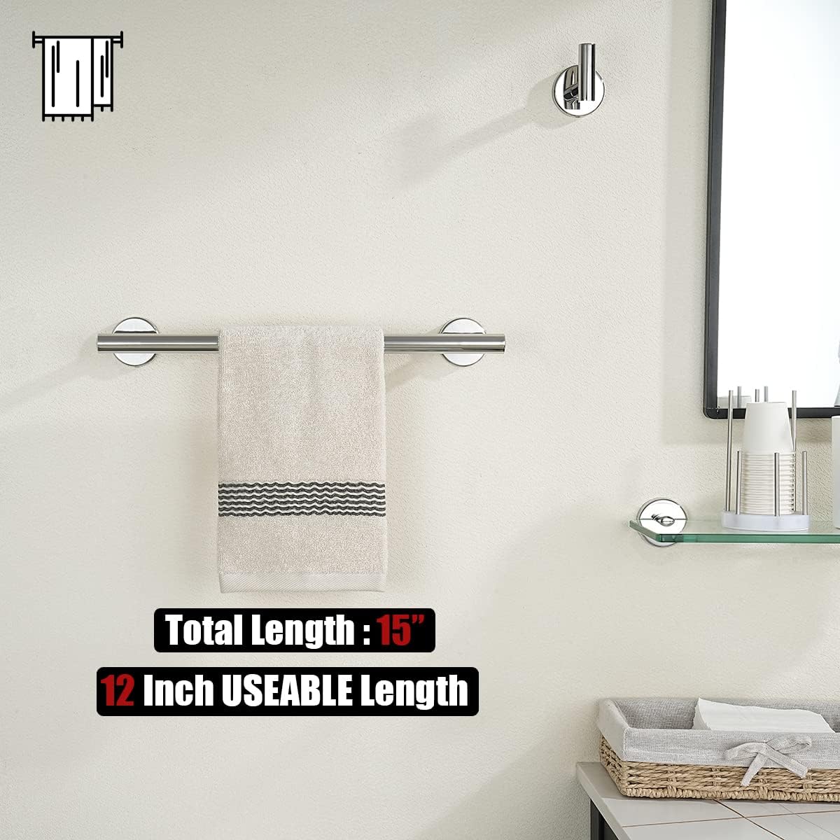 JQK Chrome Towel Bar, 15 Inch 304 Stainless Steel Thicken 0.8mm Towel Rack Bathroom, Towel Holder Polished Finished Wall Mount, Useable Length 12 Inch, TB110L12-CH