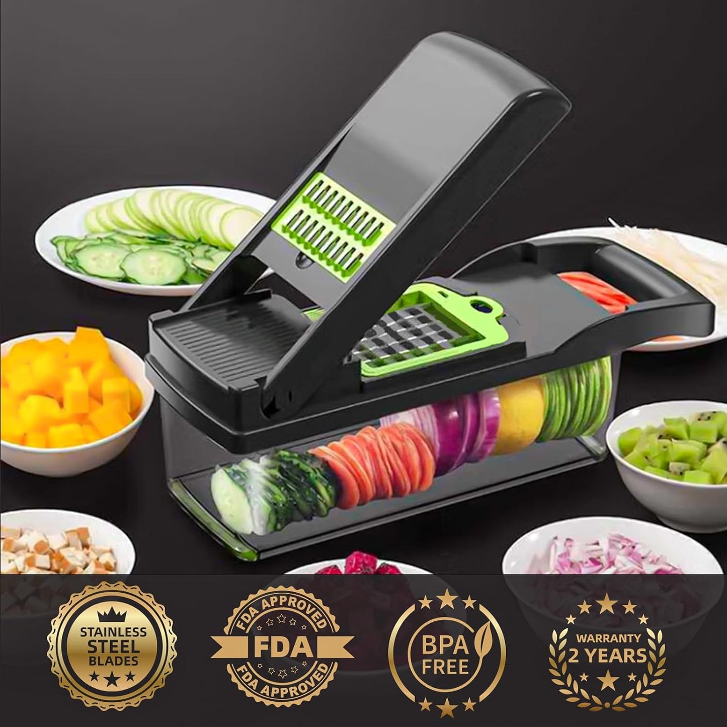 Vegetable Chopper Cutter Slicer Multifunctional 14-in-1 Food Veggie Salad Onion Chopper Cutter Dicer with Container, 8 Interchangable Blades, Hand Protector, Drain Strainer, Peeler, Brush