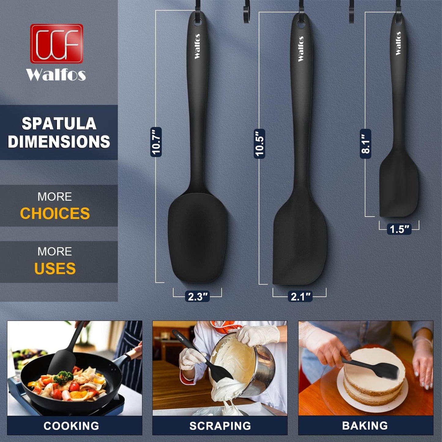 Walfos Mini Silicone Spatula Set of 3（600°F), Heat Resistant small Kitchen Silicone Spatulas, Strong Steel Core and One-Pieces Seamless Design, for Cooking Mixing & Baking,BPA Free & Dishwasher Safe