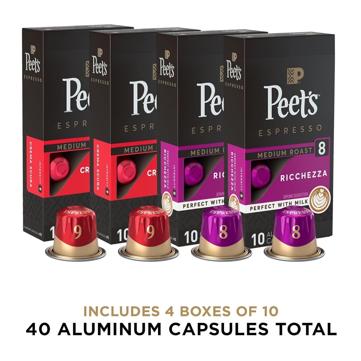 Peet's Coffee, Medium Roast Espresso Capsules Variety Pack, Compatible with Nespresso Original Machine - Intensity 8-9, 40 Count (4 Boxes of 10 Espresso Capsules)