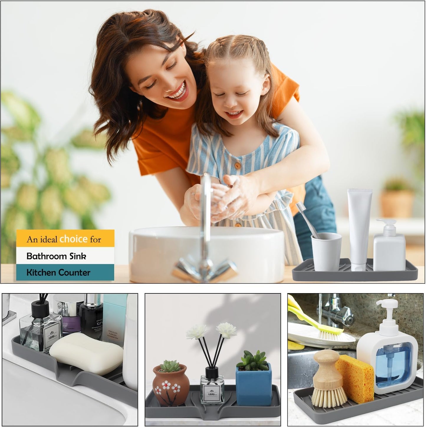 YASMEN Silicone Bathroom Soap Dishes, Sink Sponge Holder for Kitchen, Rubber Soap Dish with Drain, Shower Soap Sponge Tray, Sink or Counter Organizer, for Bar Soap, Bottle, Dish Soap Dispenser-Gray