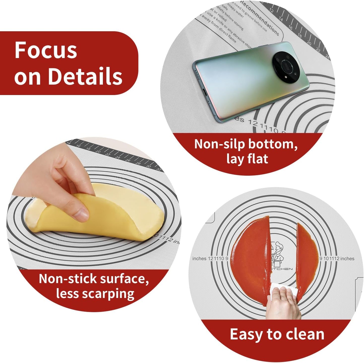 Silicone Baking Mat with Measurement, Non Stick Siliocne Pastrty Mat for Dough Rolling, Making Cookies, Macarons, Bread, Cake and Candy Reusable Fondant Mat Baking Supplies