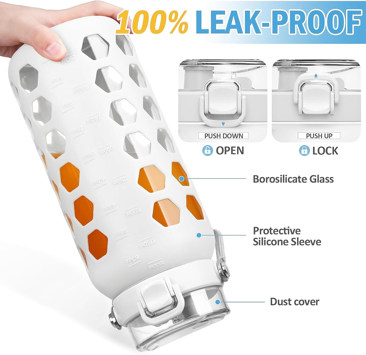 MUKOKO 64oz Glass Water Bottles with Straw and Lid,Half Gallon Water Bottle with Time Marker,Large Glass Water Jug with Silicone Sleeve and Stainless Steel Handle-White