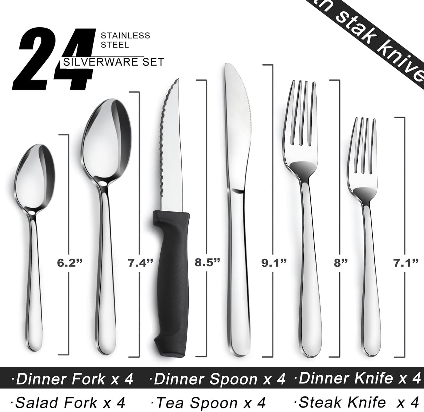Pleafind 24-Piece Silverware Set - Stainless Steel Flatware with Steak Knives, Forks, Spoons, Knives - Dishwasher Safe for Home or Restaurant
