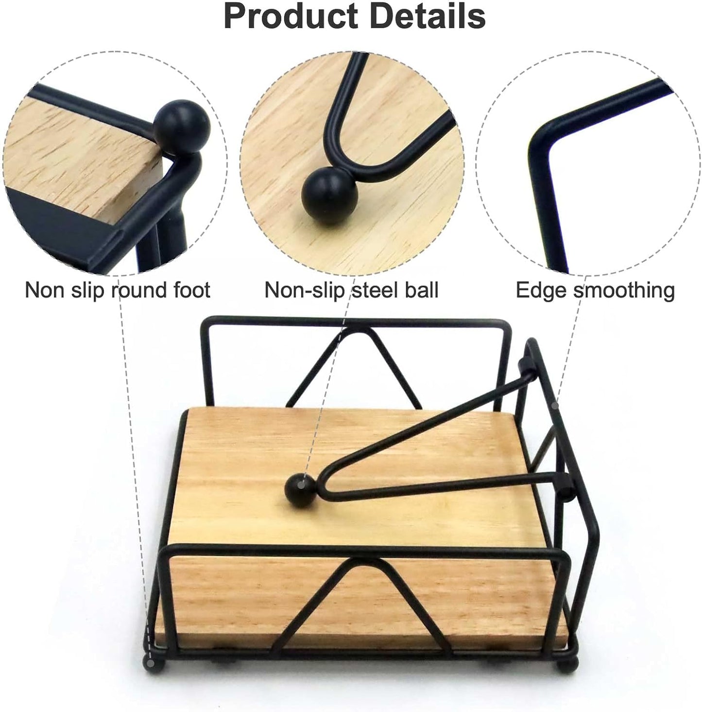 Napkin Holder for Table, Metal and Wood Napkin Holder, Standing Napkin Holders for Paper Napkins, for Kitchen Counter, Dining Table, 7" x 7"(Black)