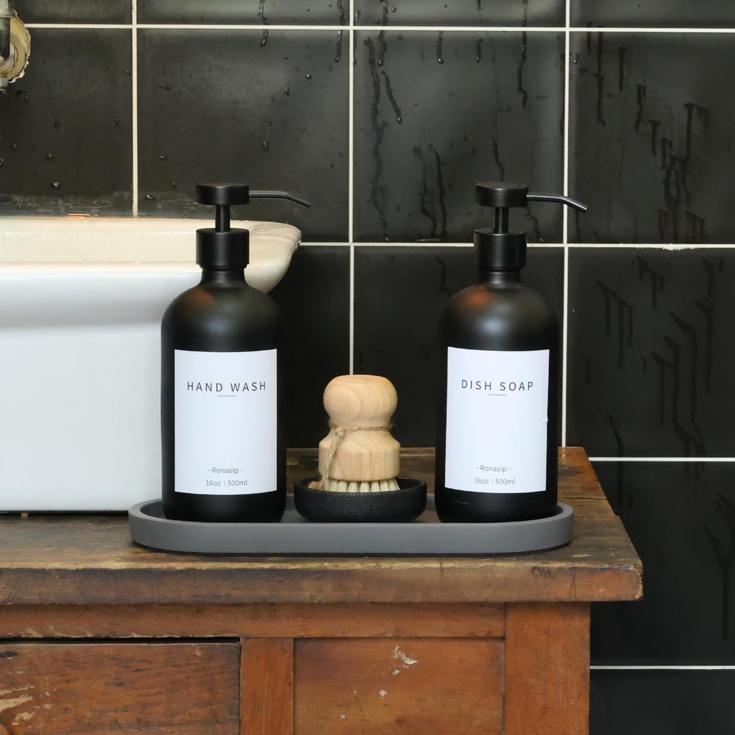 Set of 5 Kitchen Soap Dispenser Set 16 Oz Glass Hand Dish Soap Dispenser with Stainless Steel Pump, Cement Tray, Dish Scrub Brush for Farmhouse Rustic Home Bathroom Decor (Black)