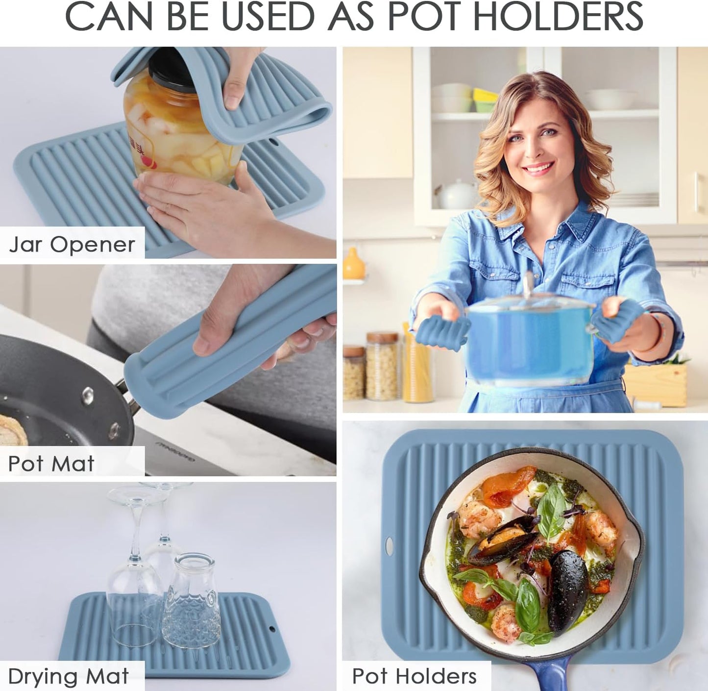 Large Silicone Trivet for Hot Dishes, 4PCS Hot Pads Trivets Mats for Hot Pots and Pans, Heat Resistant Silicone Hot Pot Holders, Blue Tables Mat for Countertop, Jar Opener, Drying Mat