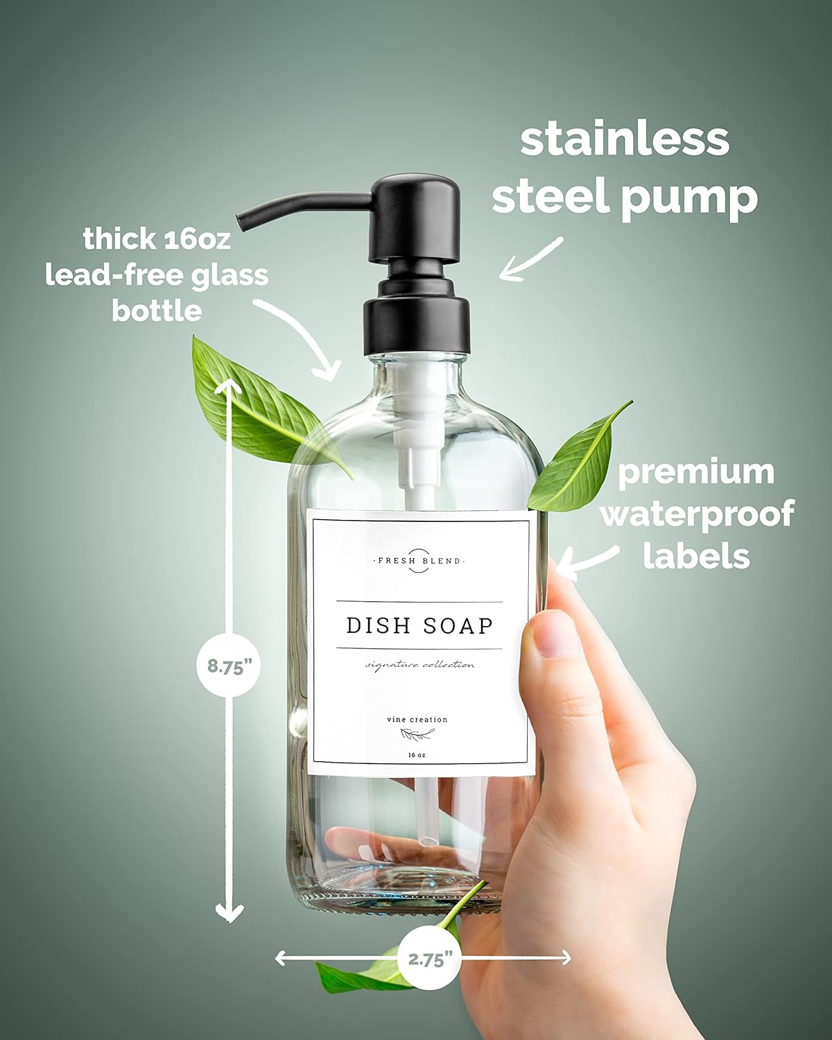 Vine Creations Clear Glass Soap Dispenser, 2 Pack Kitchen Soap Dispenser Set with Stainless Steel Pump, 16 oz Dish Soap and Hand Soap Dispensers for Bathroom with Waterproof Labels