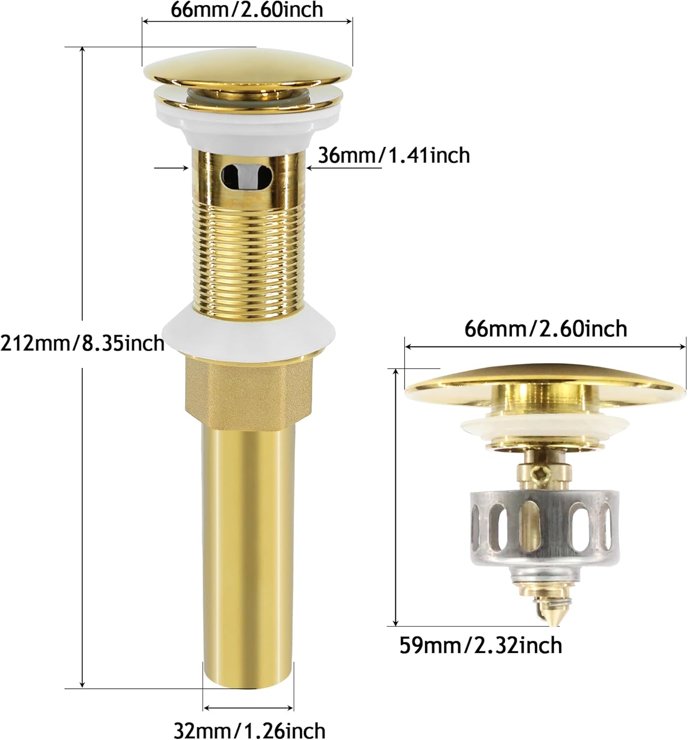 Bathroom Sink Drain, Gold Drain Stopper Bathroom Sink with Overflow,Pop Up Drain Assembly with Detachable Strainer Basket,Built-in Anti-Clogging Strainer,Stainless Steel Gold