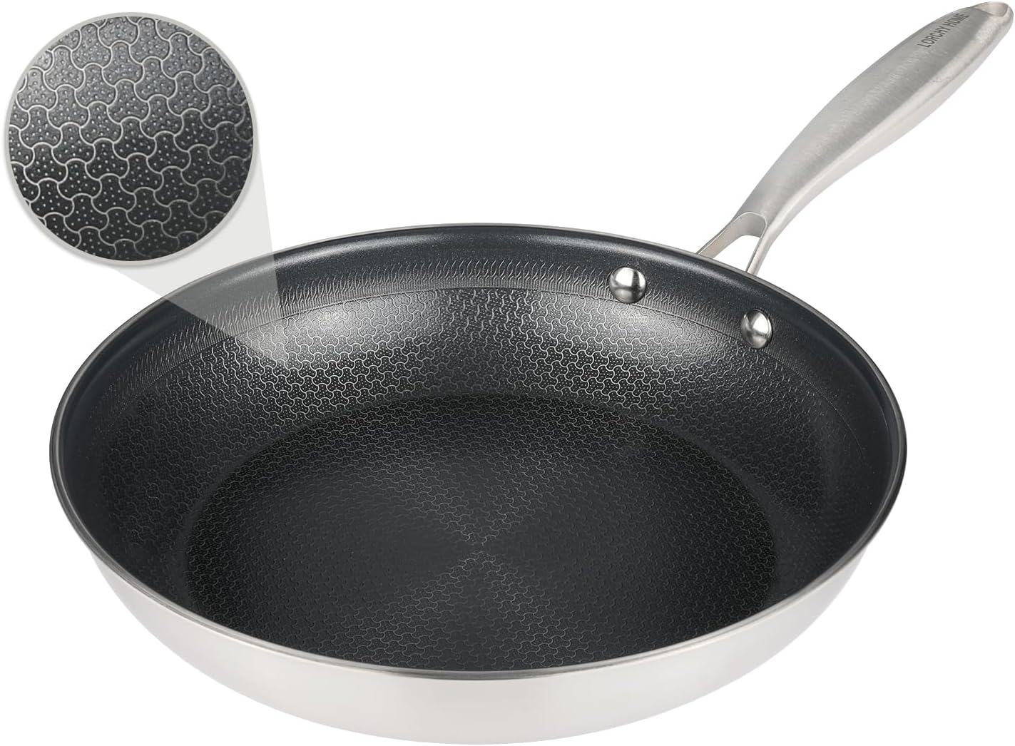 Stainless Steel Nonstick Frying Pan, Hybrid Ceramic 12-Inch Frying Pans, Stay-Cool Handle, PFAS & PFOA PTFE Free, Dishwasher & Oven Safe, Scratch-Resistant, Compatible with Induction & All Cooktops