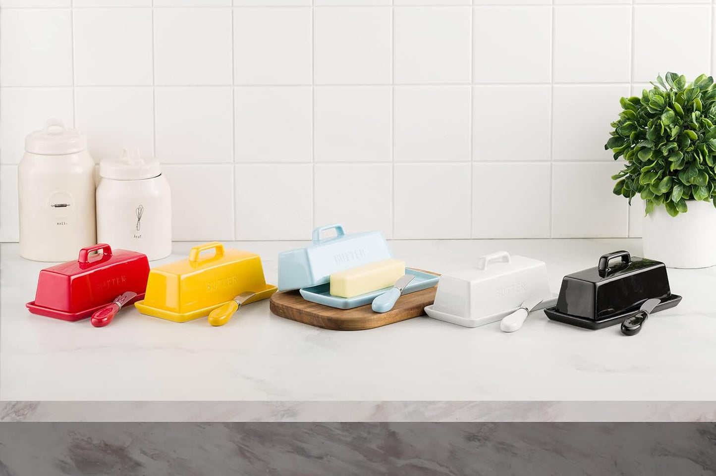 Ceramic Butter Dish Set with Lid and Knife - [Yellow]- Decorative Butter Stick Holder with Handle for 1 Stick of Butter - Microwave Safe, Dishwasher Safe - Anti-Scratch Stickers Included