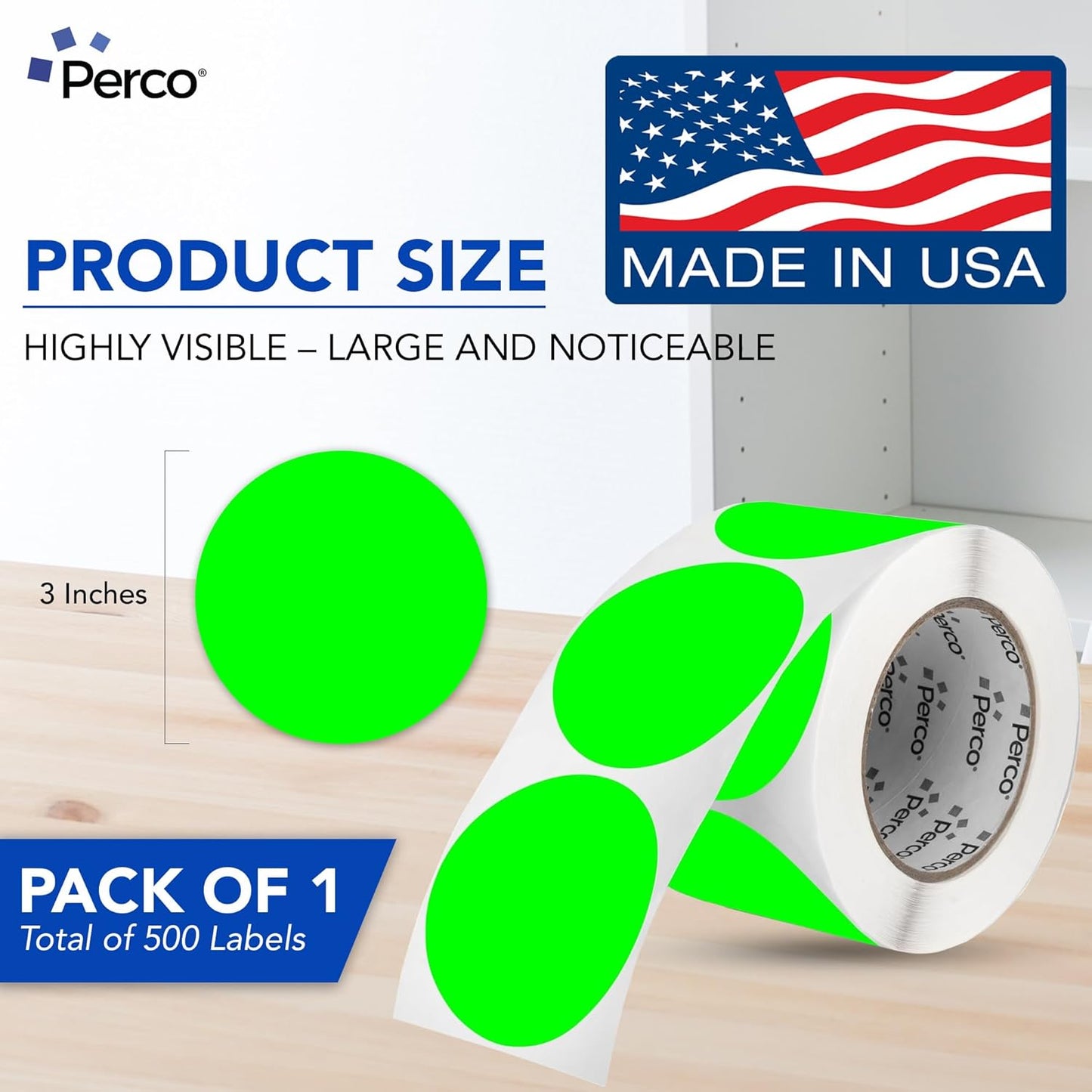Perco Fluorescent Green 3-Inch Round Circle Dot Sticker Labels with Easy Peel Perforation - 500 Labels per Roll - Strong Adhesion, Vibrant Colors for Organizing, Crafting & More - Made in USA