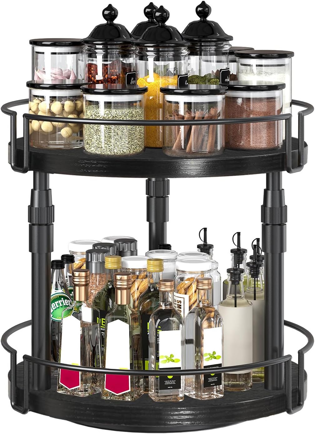 HOOBRO Lazy Susan Organizer Spice Rack, 2-Tier Height Adjustable Rotating Lazy Turntable Spice Organizer, for Kitchen Countertop and Cabinet, Black BB05TL01