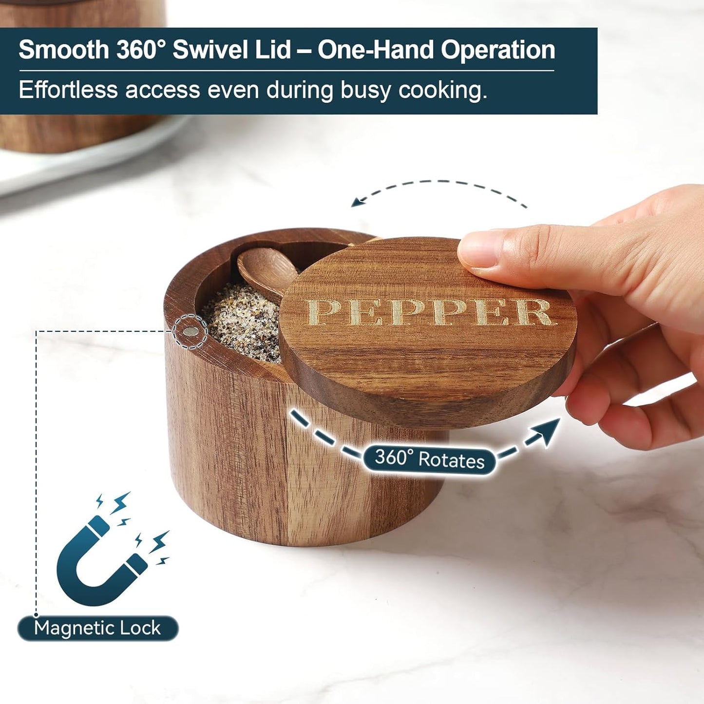 Salt Cellar, Elegant Salt and Pepper Set, 2PCS Acacia Wood Salt Container with Built-in Spoon & Swivel Lid, Engraved SALT & PEPPER Box, Salt Holder for Countertop Seasoning Storage