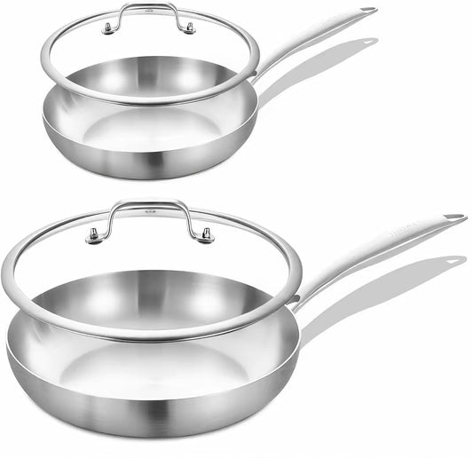 Inqibee 8.5-12 Inch Tri-Ply Stainless Steel Frying Pans Set with Lids,Skillets,Induction Cooking Pans,Pots and Pans Set,Dishwasher and Oven Safe,Detachable Handle