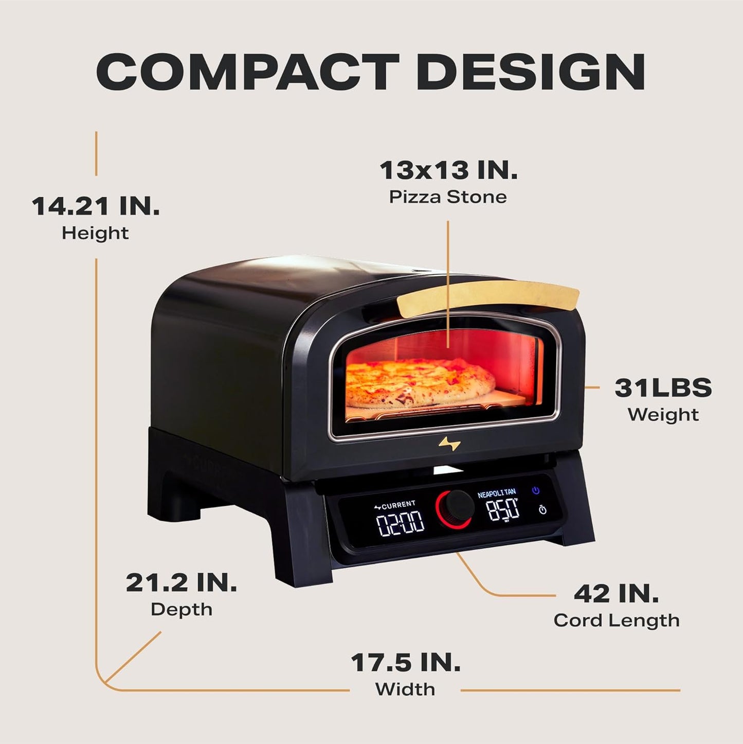Current® Model P Smart Electric Pizza Oven, 12-Inch, 850°F Max, Multiple Cooking Modes, App Connectivity for Temperature Monitoring & Custom Cooking Times, Compact for Indoor & Outdoor Use, Dark Gray