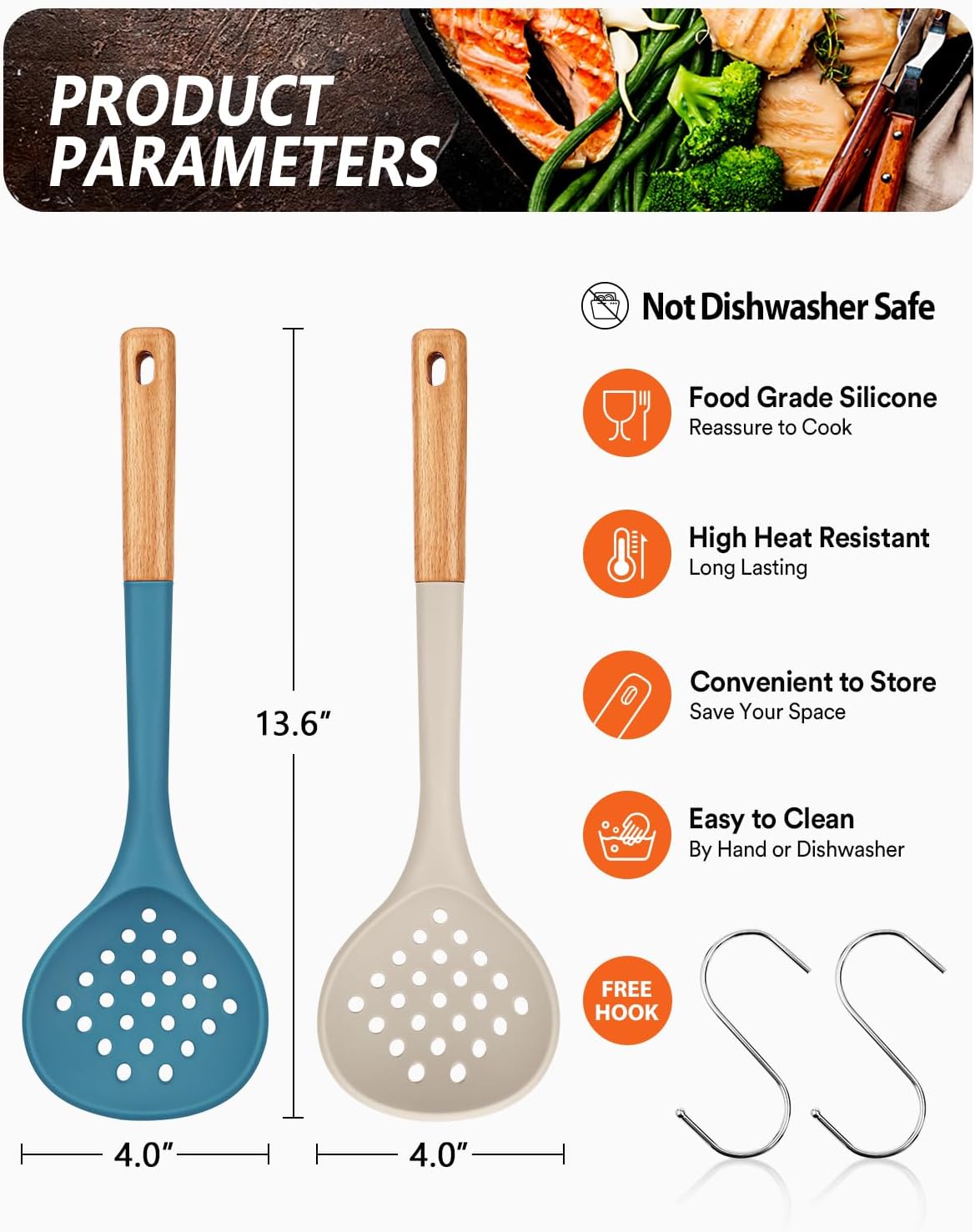 Kitchen Ladle Strainer, Large Slotted Spoon with High Heat Resistant BPA Free, Non Stick Cooking Skimmers For Draining & Frying, 13.2inch (Khaki & Blue)