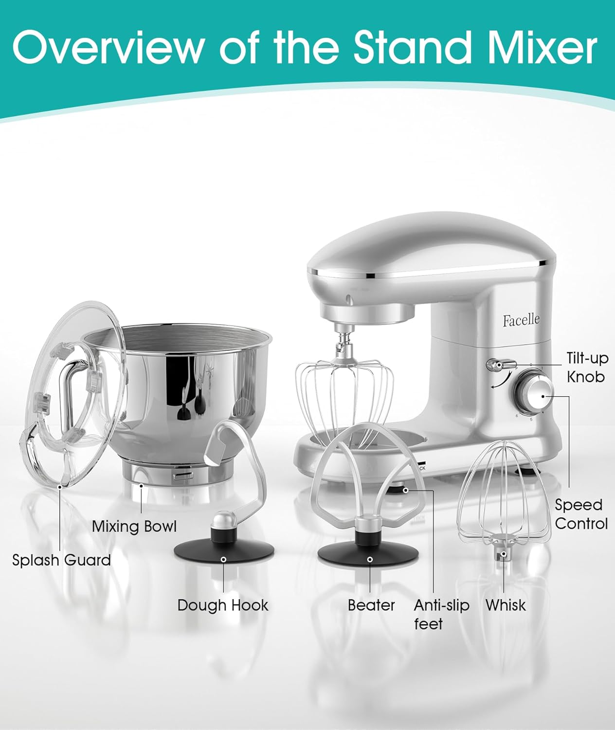 Facelle Stand Mixer, Electric Kitchen Mixer, 6 Speed Tilt-Head Stand Mixer with Pulse, Attachments include 6.5QT Bowl, Dishwasher Safe Beater, Dough Hook, Whisk for Dough, Baking,Cakes, Cookie -Silver