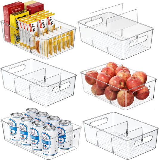 6 Pack Pantry Organizers and Storage,Clear Plastic Containers with 2 Dividers for Kitchen,Fridge Organization and Storage,Acrylic Bins for Pounches,Spice Packet,Snack organzier