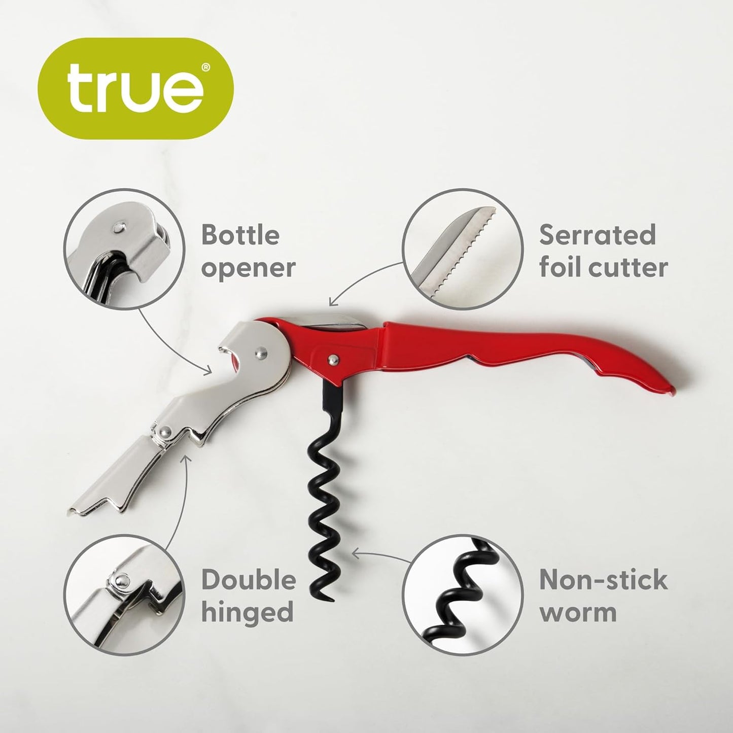 True Brands TrueTap Double Hinged Waiters Corkscrew, Top-notch Stainless Steel Opener with Foil Cutter Built to Last Wine Key Red, Set of 1