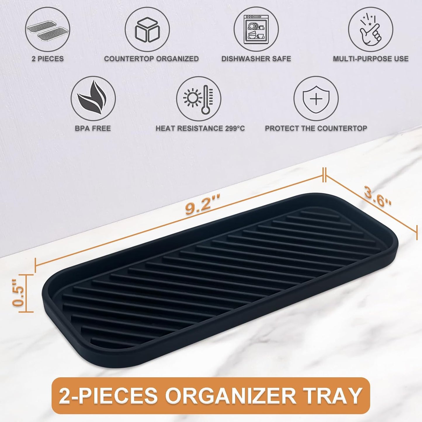 Silicone Organizer Tray, Soap and Sponge Holder for Kitchen Sink, Bathroom - Storage Tray for Dish Brush, Soap Dispenser, Dishwashing Accessories- 2 Pack (Black)