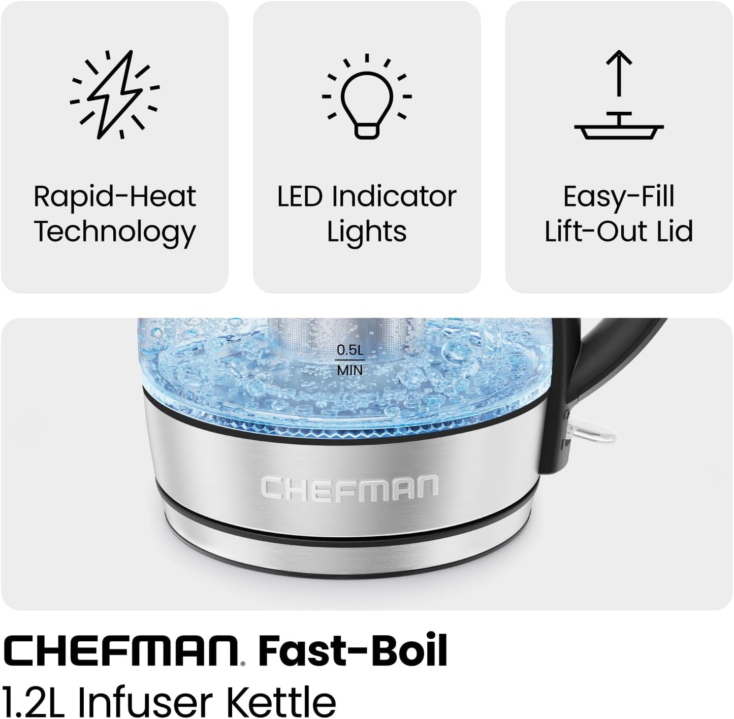 CHEFMAN Electric Kettle - 1.2L 1500W Hot Water Tea Pot with Infuser, BPA Free, Auto Shut Off, Boil-Dry Protection, Removable Lid, LED Light, Cordless Glass Electric Tea Kettle – Stainless Steel