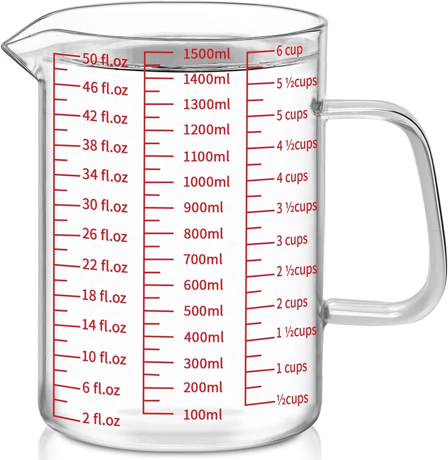 Luvan 6 Cups Glass Measuring Cup, Easy to Read with 3 measurement scales (Ml/Oz/Cup), Insulated Handle and V-shaped Spout, High Borosilicate Glass Measuring Cup, Ideal for Kitchen or Restaurant