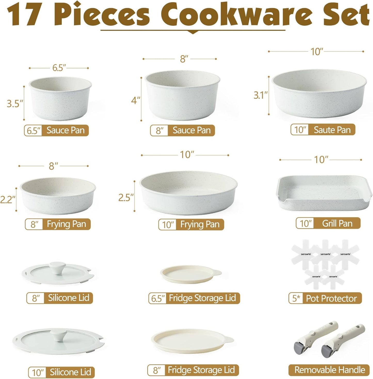 SENSARTE 17 Piece Pots and Pans Set, Nonstick Detachable Handle Cookware Set, Induction Kitchen Cookware Set with Removable Handle, Healthy Non Stick for RV, Dishwasher ＆ Oven Safe, PFOA Free (White)