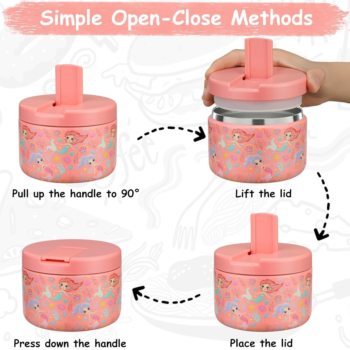 12oz Insulated Vacuum Food Jar with Buckle Lid Wide Mouth Soup Thermo for Hot Food Kids Leakproof Stainless Steel Lunch Container (mermaid)