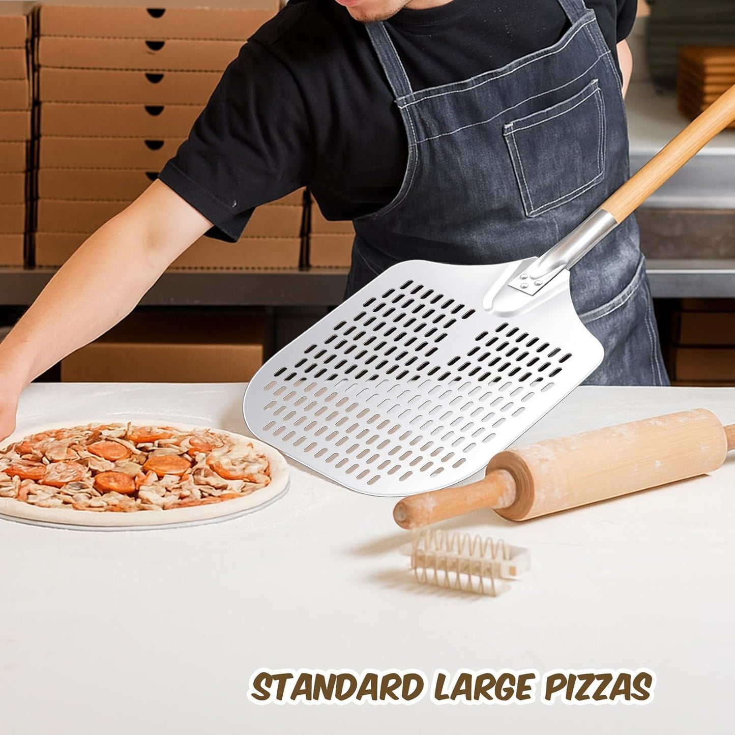 Maxdot 2 Pcs Perforated Pizza Peel 12 x 14 Inch Aluminum Pizza Spatula with Detachable Wood 52-inch Long Extendable Handle for Baking Homemade Pie Bread