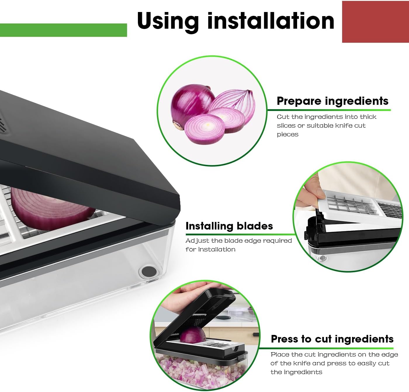 Vegetable Chopper, Onion Chopper Dicer, Mandoline Slicer, Food Chopper with Container, Vegetable Cutter for Salad Potato Carrot Garlic（2 Blades, Black White）