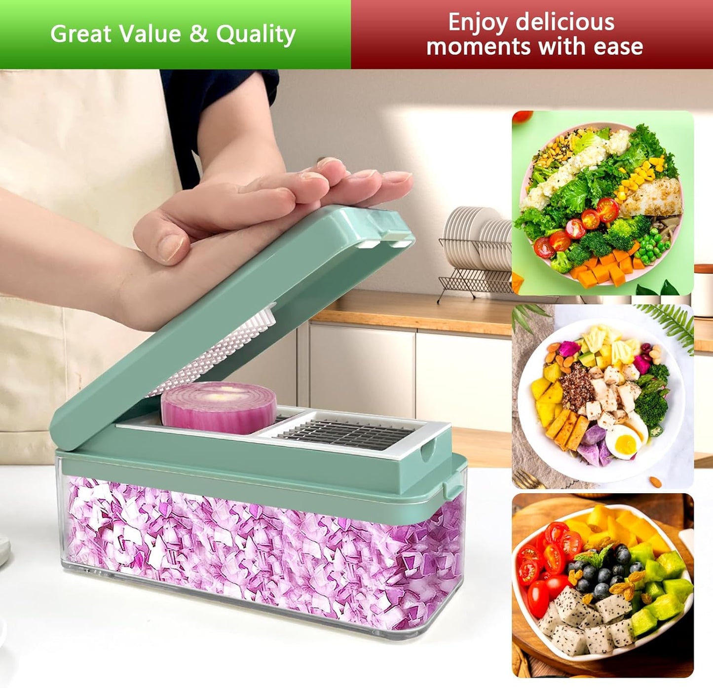 Vegetable Chopper, Onion Chopper Dicer, Mandoline Slicer, Food Chopper with Container, Vegetable Cutter for Salad Potato Carrot Garlic（10 Blades, Blue White）