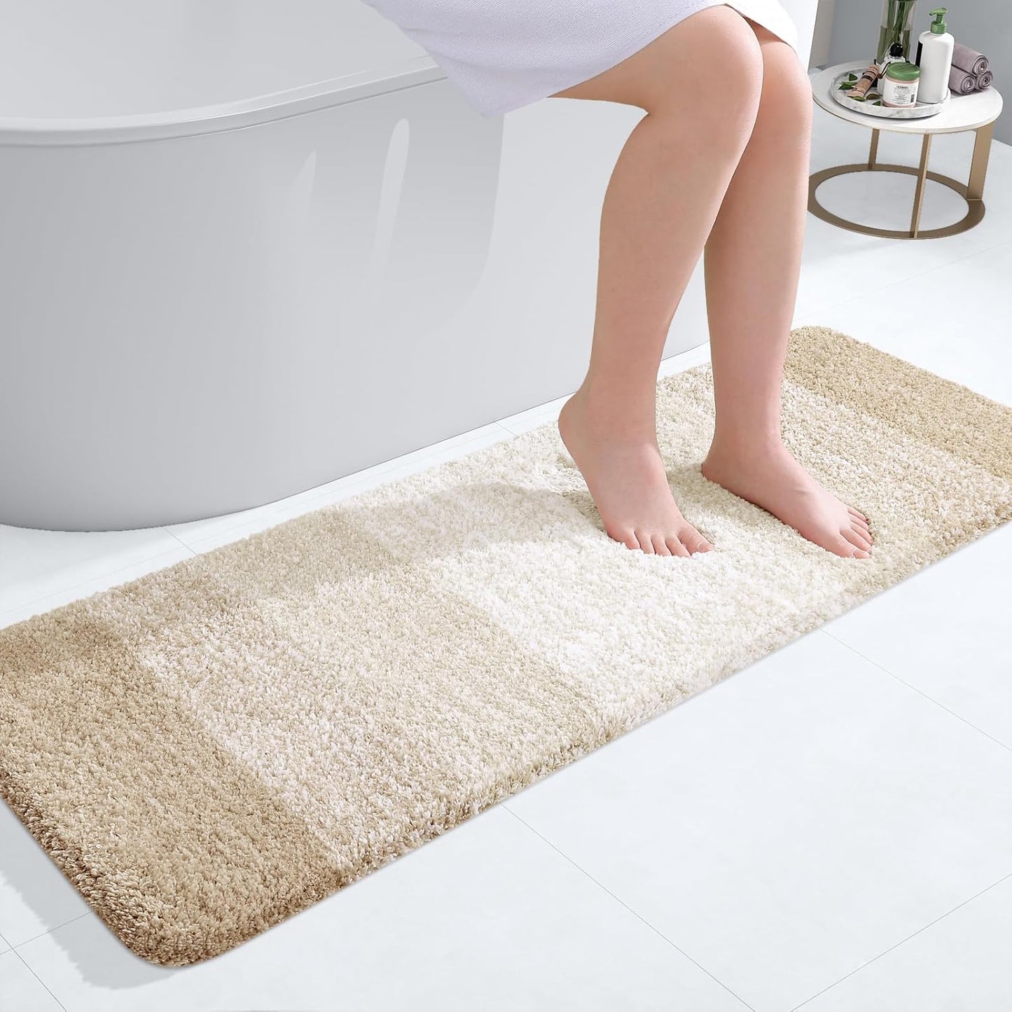 OLANLY Bathroom Runner Rugs 47x17, Extra Soft Absorbent Microfiber Bath Rugs, Rubber Backing, Quick Dry, Washable Bath Mats for Bathroom Floor, Tub and Shower, Home Decor Accessories, Light Beige