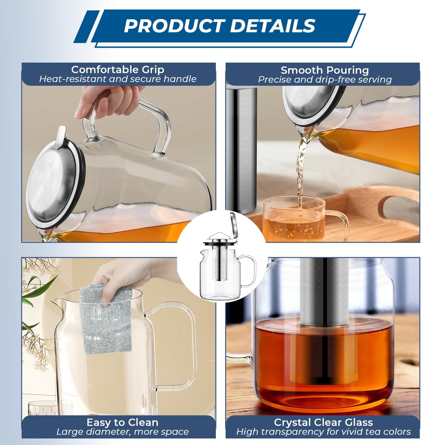 Aquach 68oz Glass Teapot with Stainless Steel Removable Infuser, Stovetop & Dishwasher Safe, Perfect for Brewing Loose Leaf Tea