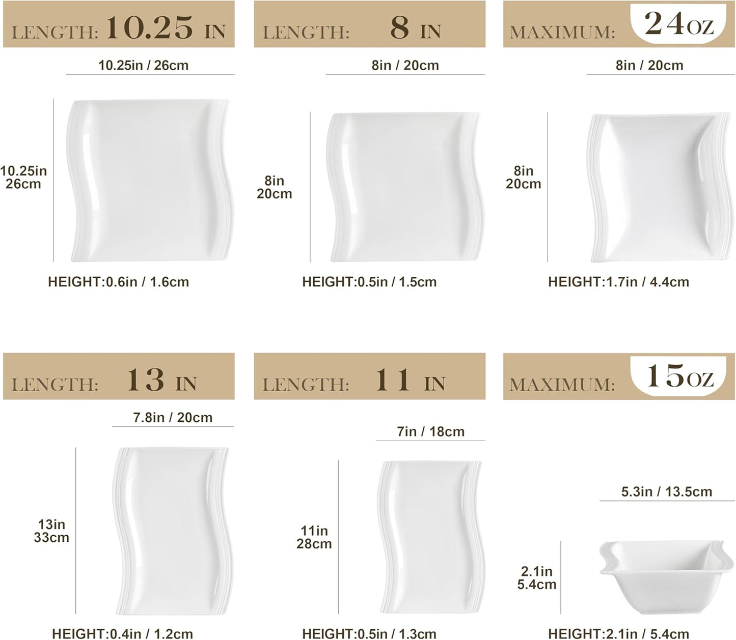 MALACASA Plates and Bowls Sets, 26 Pieces Ivory White Porcelain Dinnerware Sets without Mugs, Square Dinnerware with Dinner Plates, Bowls and Serving Platters, Modern Dish Set for 6, Series Flora