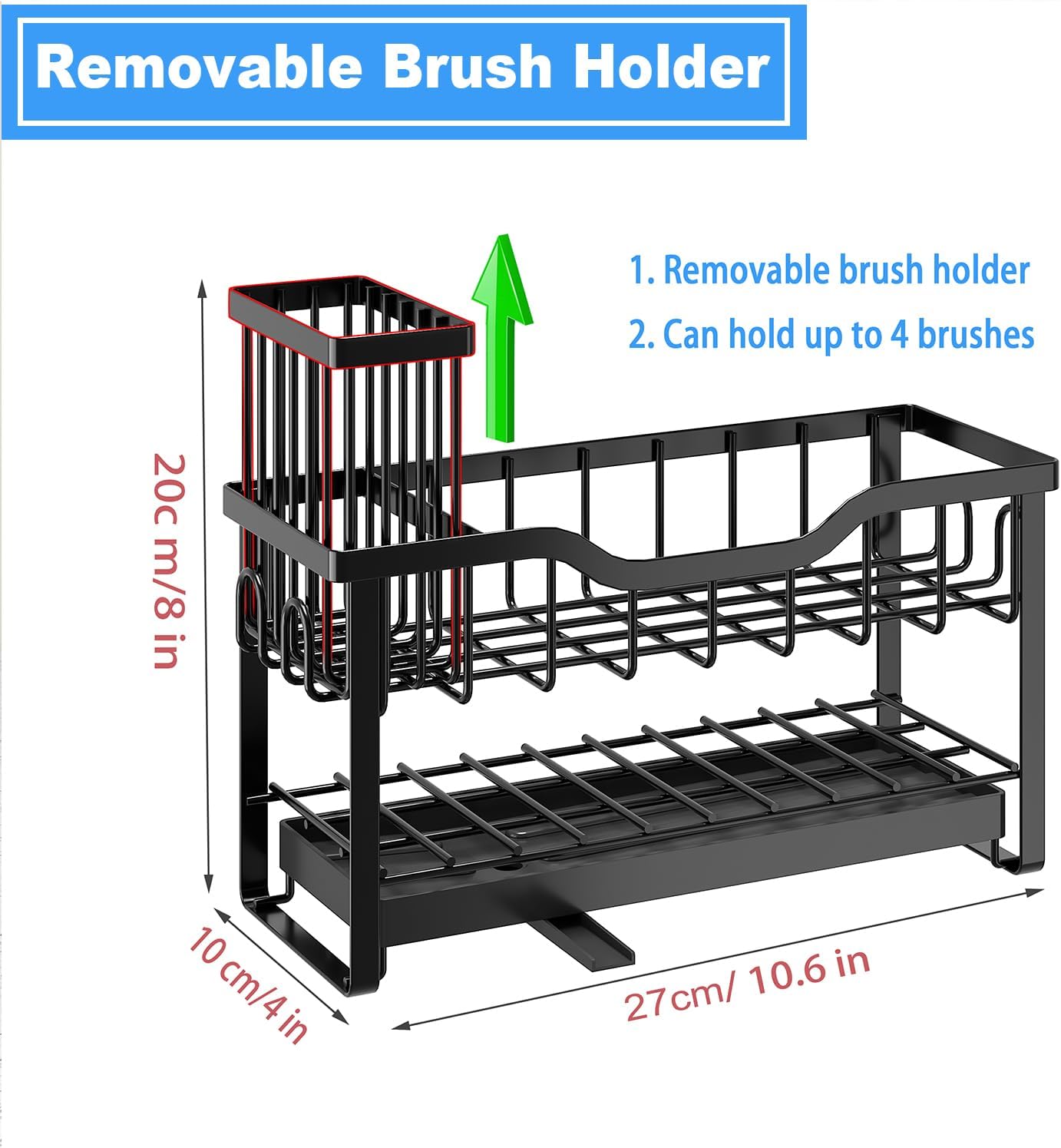 2-Tier Sponge Holder for Kitchen Sink, Caddy Organizer with High Brush Holder, Durable & Rustproof Kitchen Sink Accessories (Black)