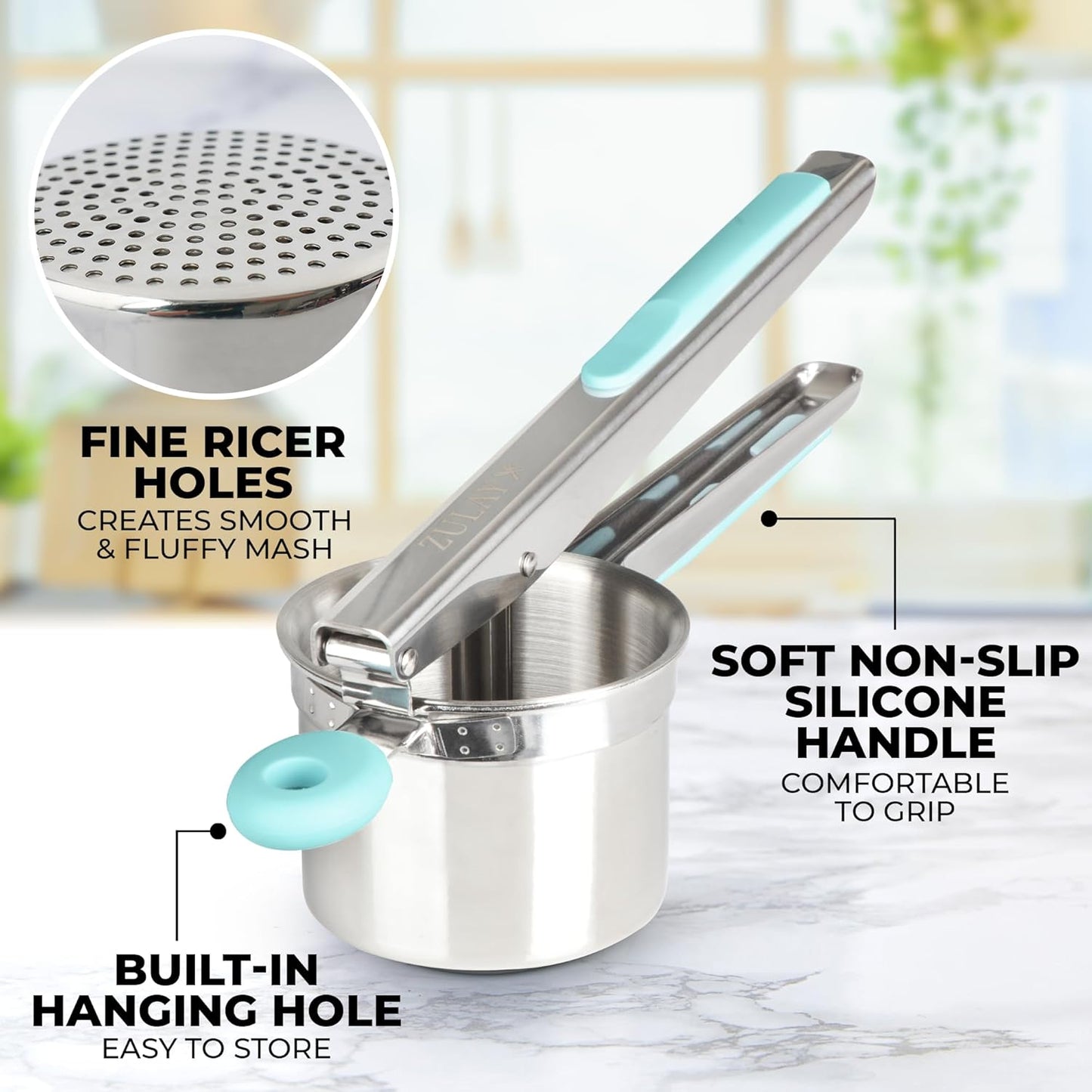 Zulay Kitchen Large 15oz Potato Ricer, Heavy Duty Stainless Steel Potato Masher and Ricer for Mashed Potatoes, Mashed Potato Masher & Potato Press Gadget for Perfect Mashed Potatoes - Turquoise