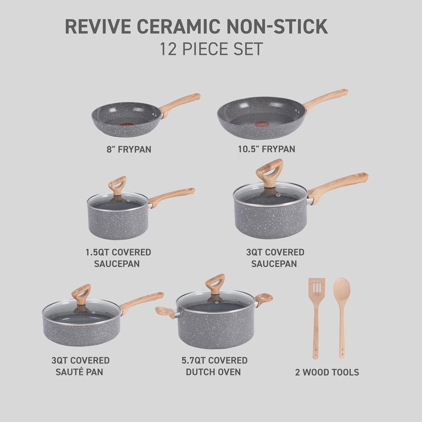 T-fal Revive Ceramic Cookware Sets, Pots and Pans Set Nonstick, (12 pieces), Ceramic Non stick Coated, Frying Pan, Oven Safe Up To 350°F, Grey Granite