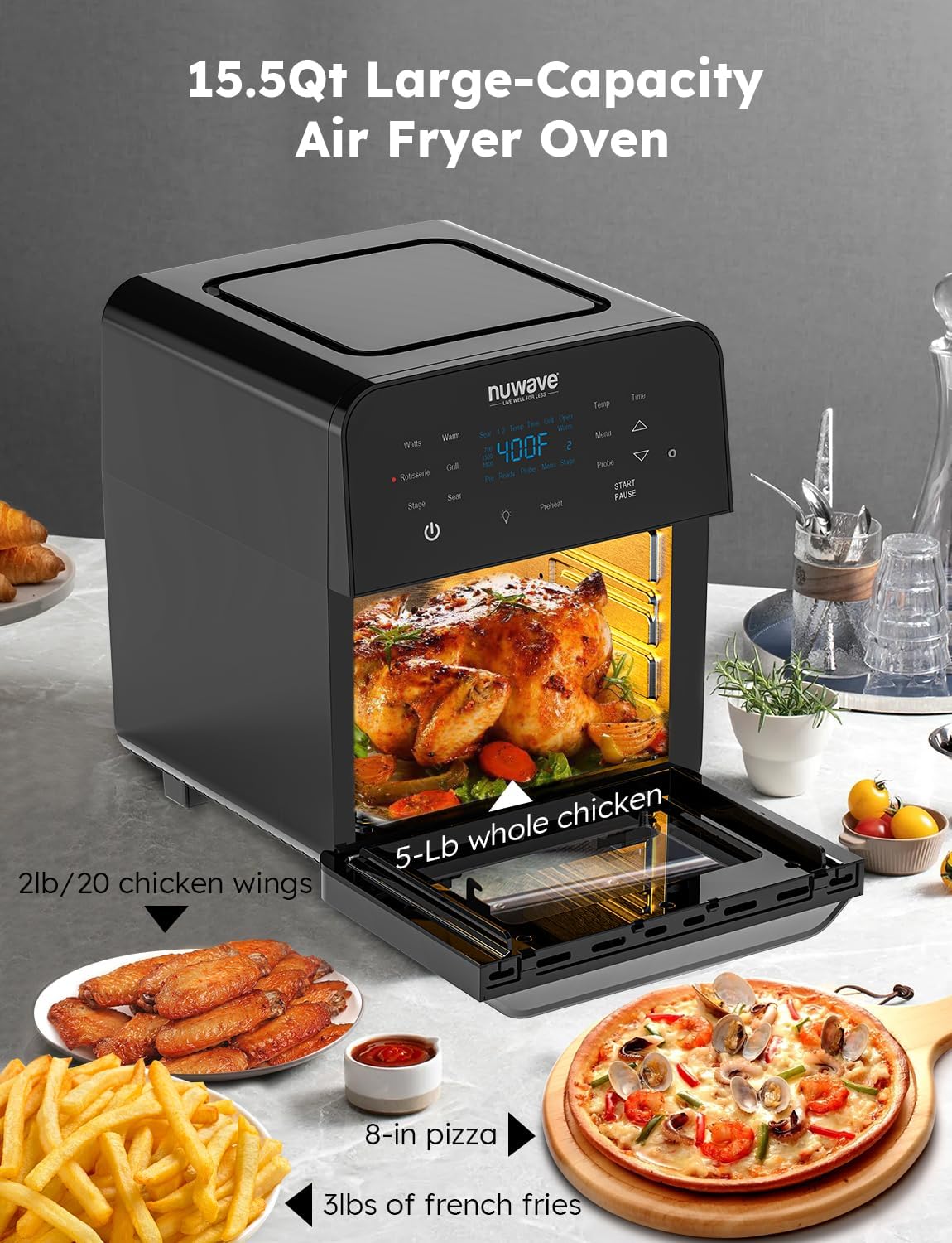 Nuwave Brio 15.5Qt Air Fryer Rotisserie Oven, X-Large Family Size, Powerful 1800W, 4 Rack Positions, 50°-425°F Temp Controls, 100 Presets & 50 Memory, Integrated Smart Thermometer, Linear T Technology