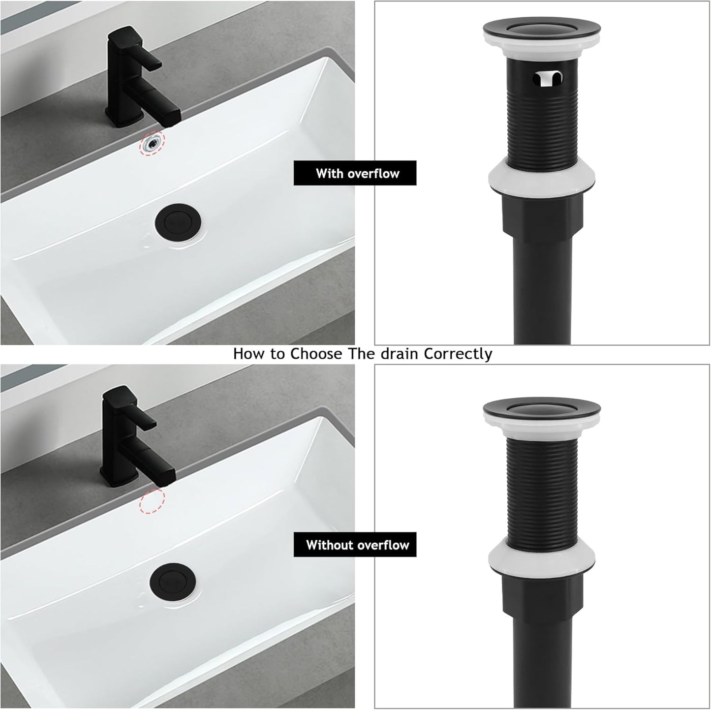 Bathroom Sink Drain,2 Pack Drain Stopper with Overflow,Small Cap Pop Up Drain Assembly with Detachable Strainer Basket,Built-in Anti-Clogging, Stainless Steel Nut Matte Black