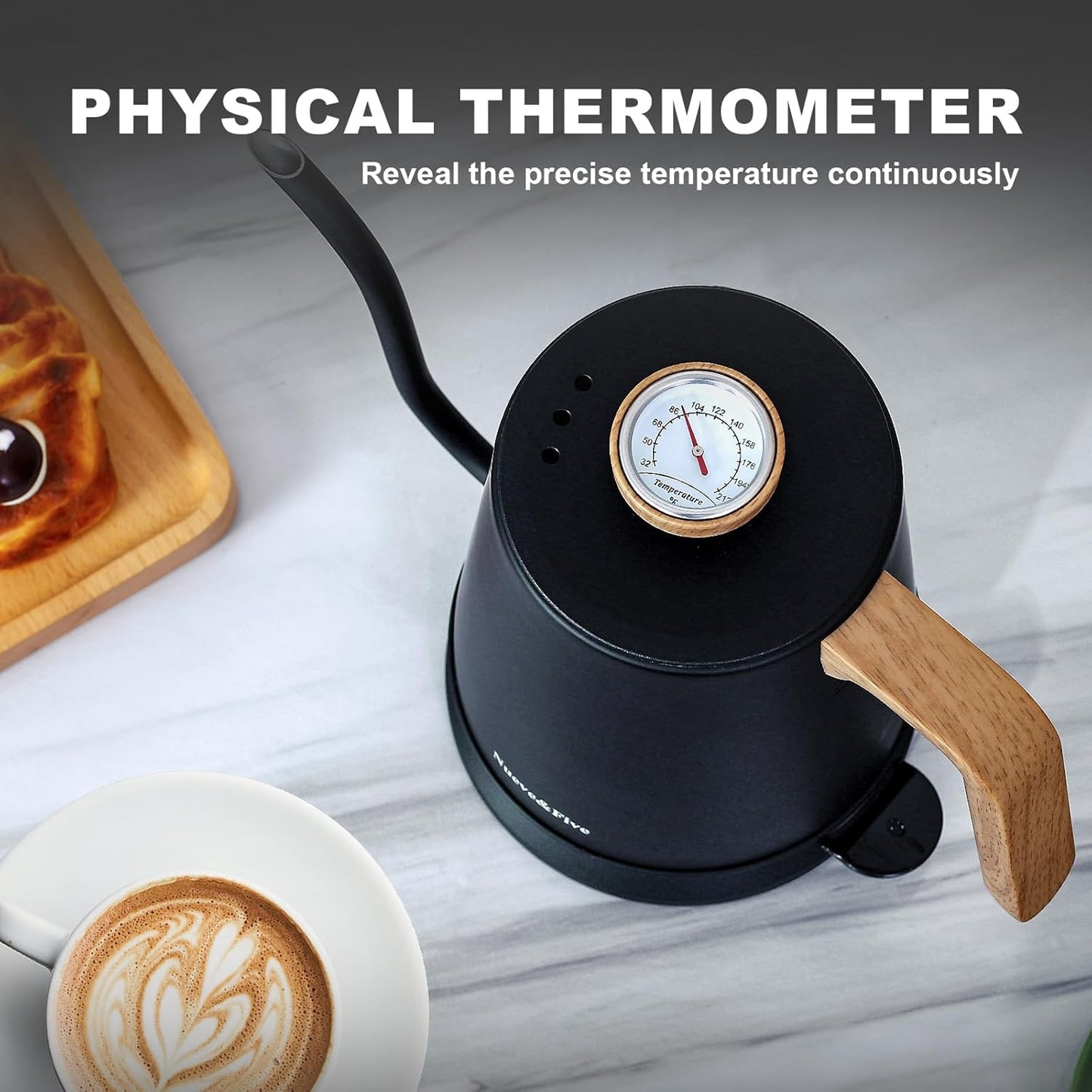 Nueve&Five Gooseneck Electric Kettle with Thermometer， Black Electric Kettle 1L with Auto Shut-Off，1000W Hot Water Kettle of Stainless Steel， Pour Over Kettle for Coffee & Tea