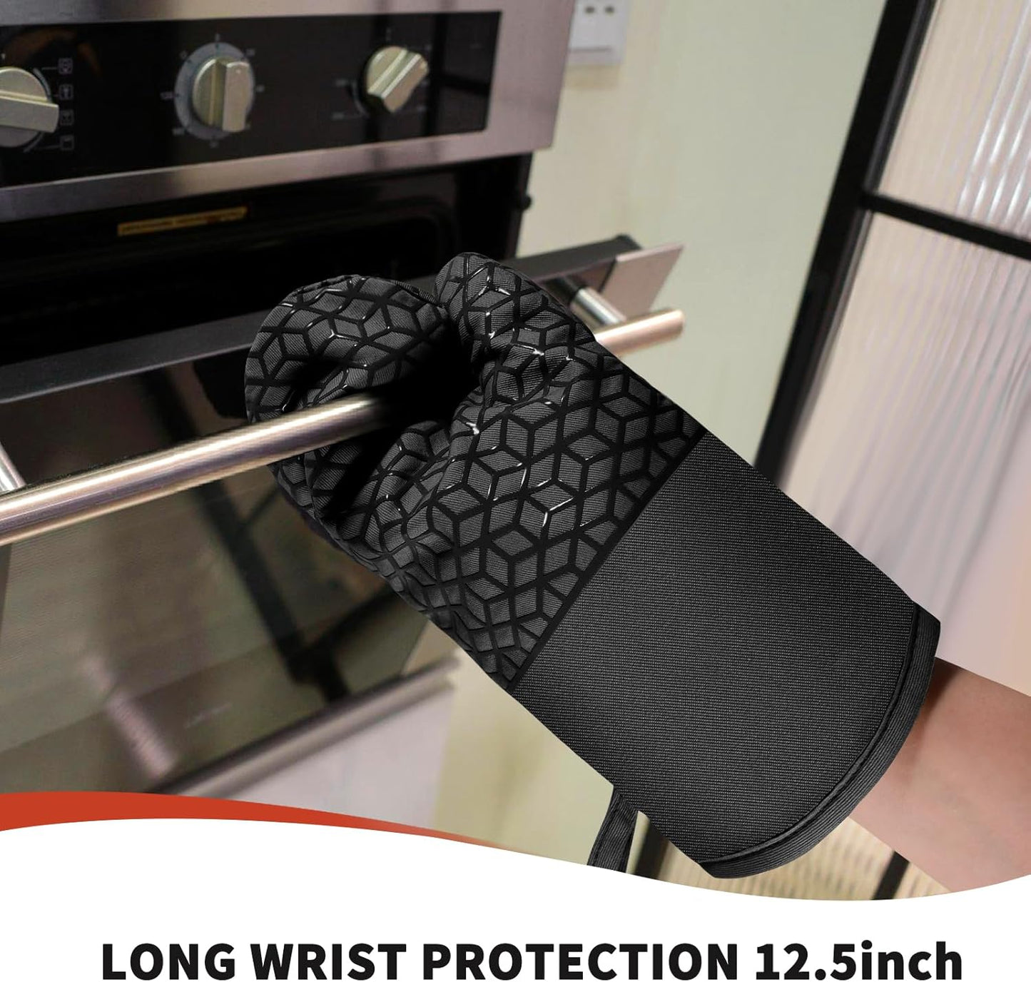 Oven Mitts and Pot Holders,500 ℉ Heat Resistant Oven Mitts Sets,Silicone Oven Gloves, Non-Slip Silicone Textured Grip,Black