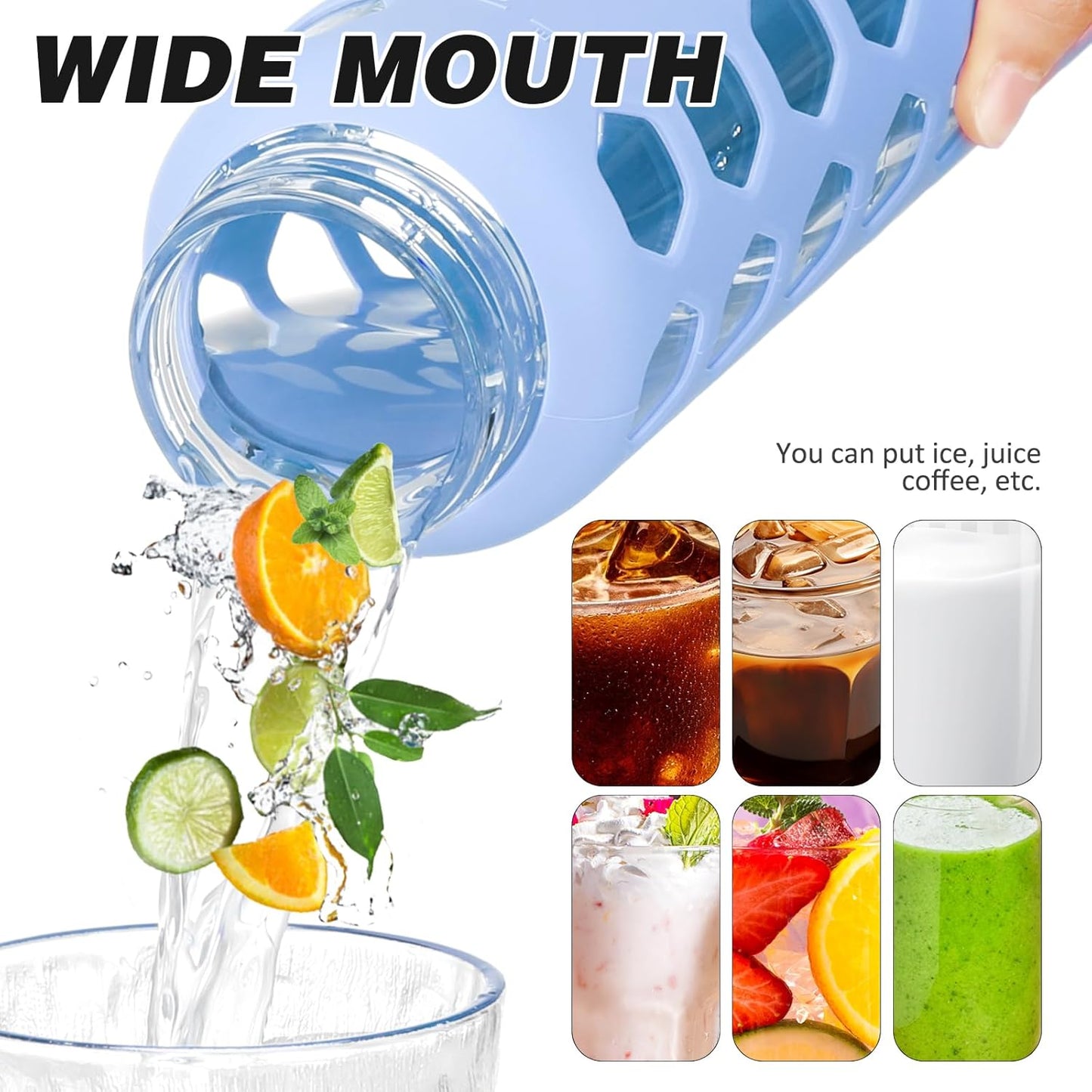 MUKOKO Glass Water Bottles,24oz Glass Tumbler with Straw,Drinking Bottles with 2 Lids-Handle Spout Lid&Bamboo Straw Lid,Motivational Water Bottle with Time Marker and Silicone Sleeve,1 Pack-Glacier