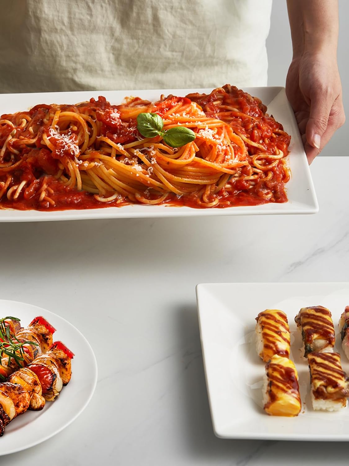 DOWAN 14" Serving Trays, Serving Platters, Ceramic Serving Platters and Trays, Rectangle Plates, Set of 4, for Weddings, Parties, Oven, Microwave, Dishwasher, Heat Resistant, Easy to Clean, Soft White